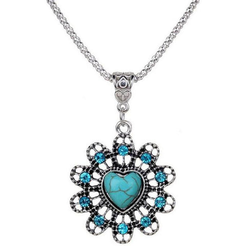 Vintage Peach Heart flower Turquoise Necklace Delicate Carved Hollow Jewelry