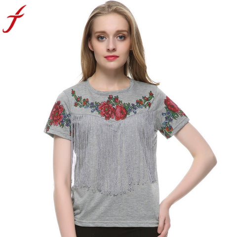 Summer Blouse Women 2017 Fashion Tassel Floral Print shirt Vintage Red Rose Partten Cotton Tops blusas mujer de moda 2017