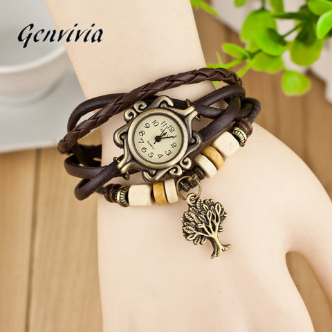 GENVIVIA reloj vintage women,leather band Quartz Bracelet Watch women Lady WristWatch luxury Dress Watches reloj mujeres