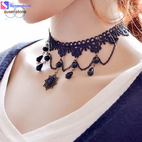 SUSENSTONE Fashion Girl Handmade Gothic Retro Vintage Lace Collar Choker Necklace