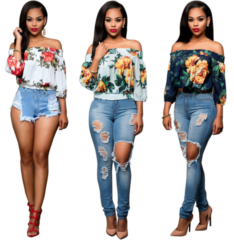Women's Vintage Floral Prints Off Shoulder 3/4 Sleeve T Shirt Tops