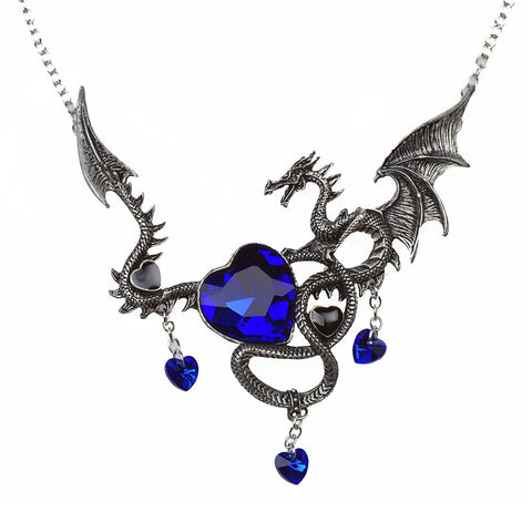 Vintage Punk Necklace Antique Silver Ancient Dragon Pendants Heart Shape Saphire