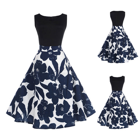 Women Floral Elegant Sleeveless Vintage Tea Hepburn Dress Ball Gown
