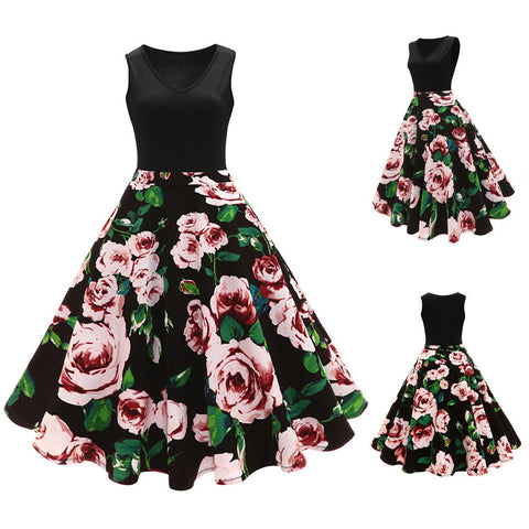 Women Sleeveless Floral Hepburn Vintage Button High-Waist Pleated Dress