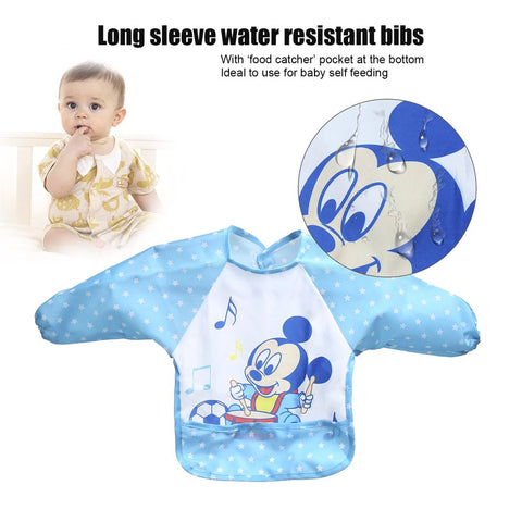 With Food Catcher Bag at the bottom Polyester Cute Cartoon Children Baby Waterproof Long Sleeve Self Feeding Bib Apron