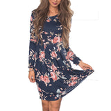 Mini Dresses O Neck Floral Printed Knee-length Dress 2018 Women Long Sleeve Ladies Dresses