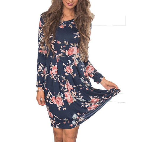Mini Dresses O Neck Floral Printed Knee-length Dress 2018 Women Long Sleeve Ladies Dresses
