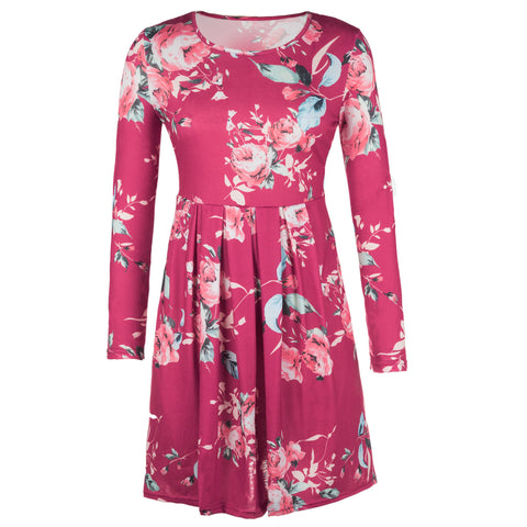 Mini Dresses O Neck Floral Printed Knee-length Dress 2018 Women Long Sleeve Ladies Dresses