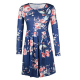Mini Dresses O Neck Floral Printed Knee-length Dress 2018 Women Long Sleeve Ladies Dresses