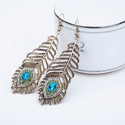 Vintage Women Rhinestone Peacock Eye Feather Dangle Hook Earrings Jewelry